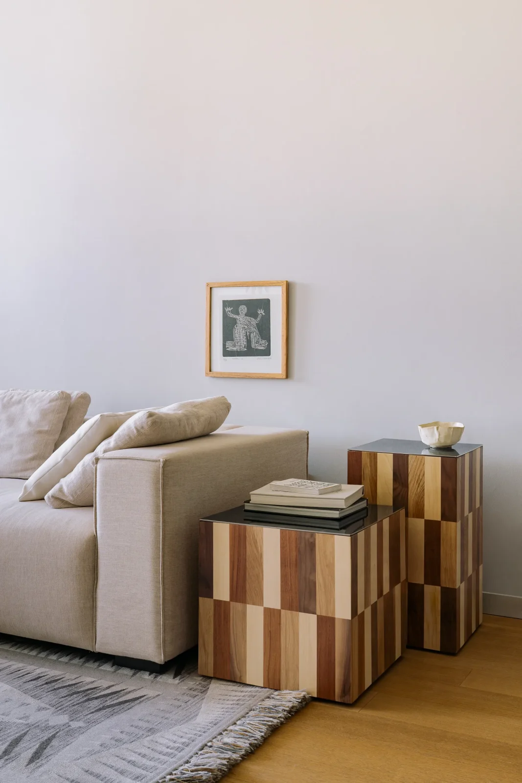 Mora tables in Tzalam, oak, walnut and maple wood on an orthogonal grid, by Daniel Couttolenc