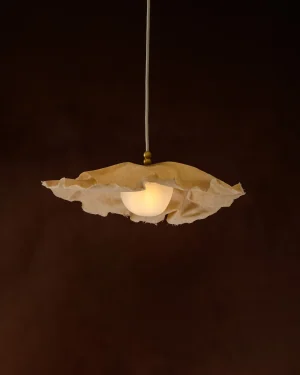 Florance I Ceiling Lamp in draped fabric and glass hanging from the ceiling, front view, lit.