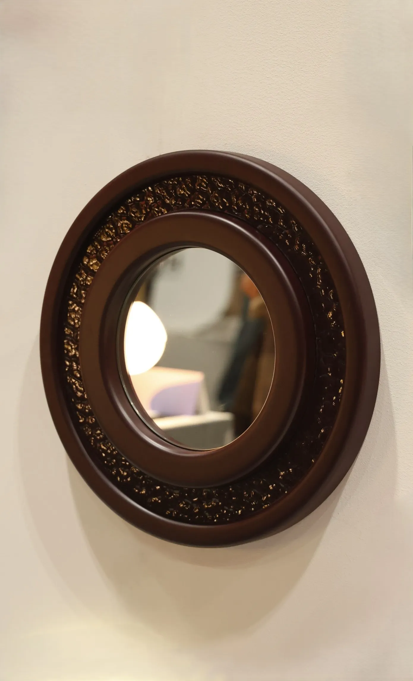 Hi Beauty! Wall Mirror by please touch studio, circular burgundy matte lacquer frame with ornamental glass detail