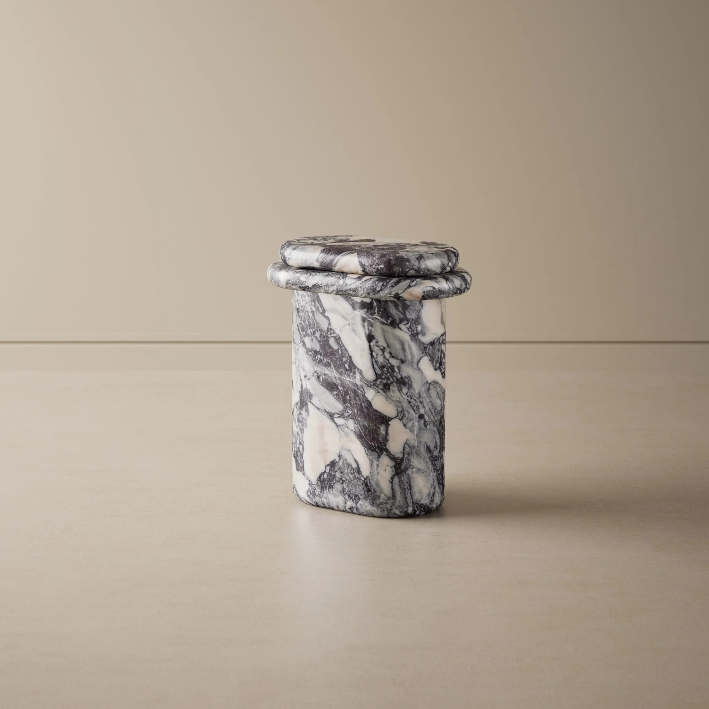 Element rounded Calacatta Viola marble side table with burgundy veining by Vincent Mazenauer