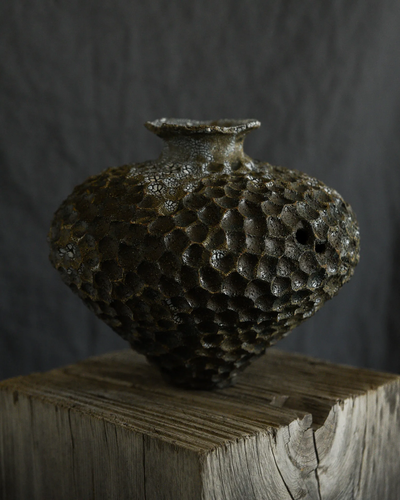 Organic Form No. 4 carved charcoal stoneware sculpture with crackle glaze by Alex Roby Design