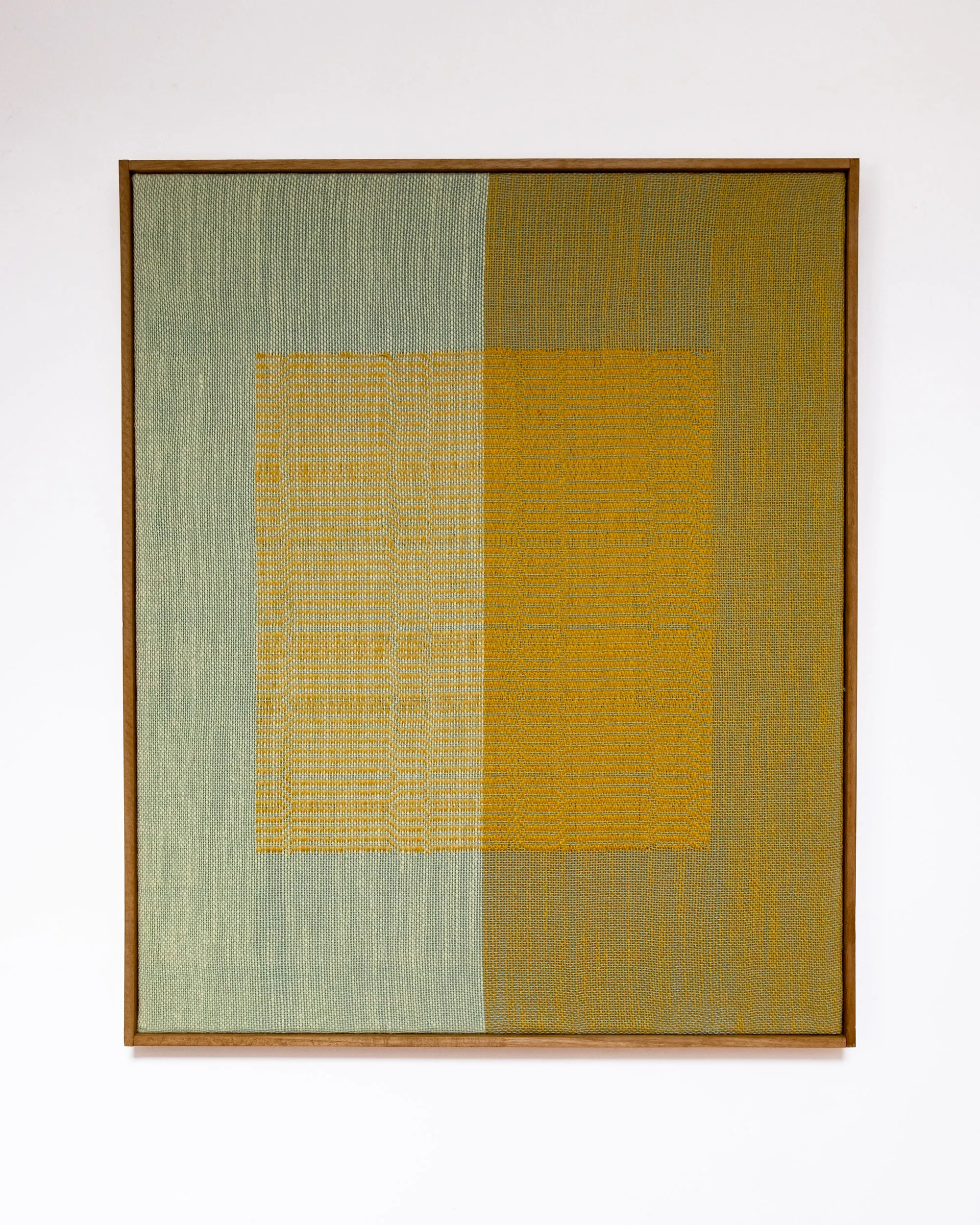 Bandiera N° 16 handwoven wall art in fields of pale green, ochre and mustard cotton, linen, wool and silk, in a thin wooden frame, by Susanna Costantini