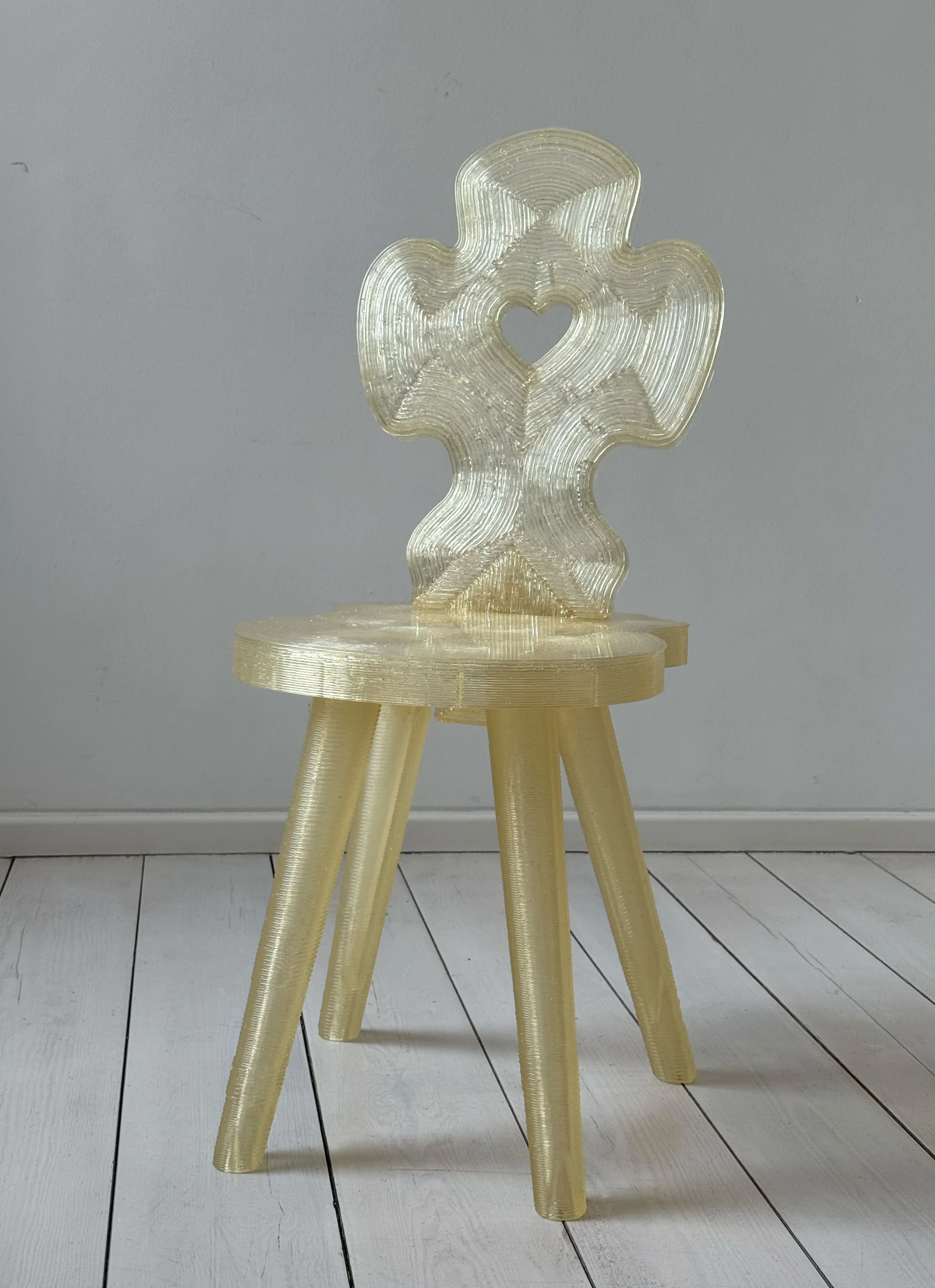 Heimatlos Chair by Em Ef Studio, 3D-printed biodegradable PLA with rhythmic grooves and ceramic-like surface