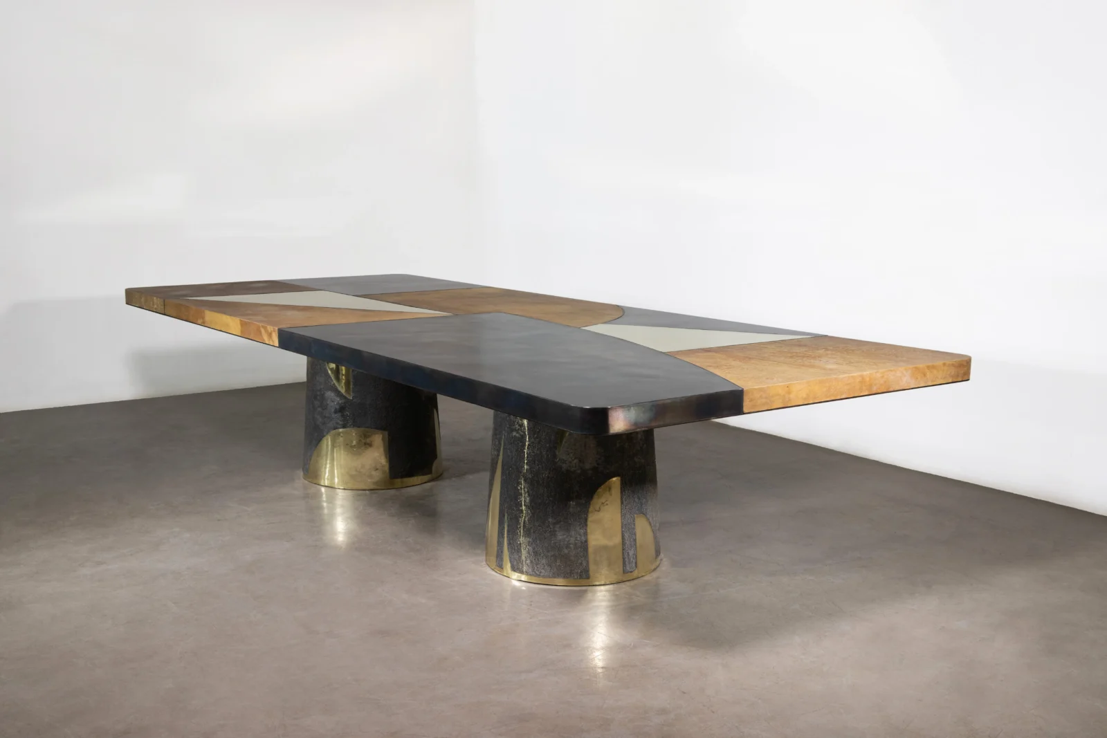 Cast Bronze, Parchment, Torched Steel, And Bronze Twin-pedestal Dining Table By Costantini, Benone — 2