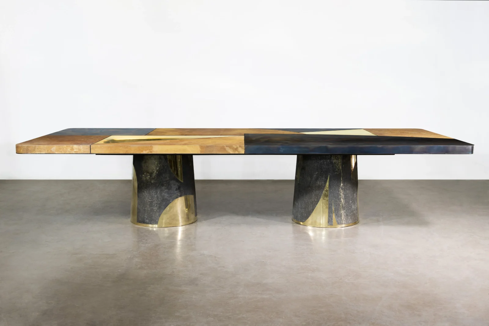 Cast Bronze, Parchment, Torched Steel, And Bronze Twin-pedestal Dining Table By Costantini, Benone — 3