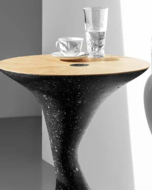 Solid Black Stone & Oak Column Side Table - Still Series In Cast Stone