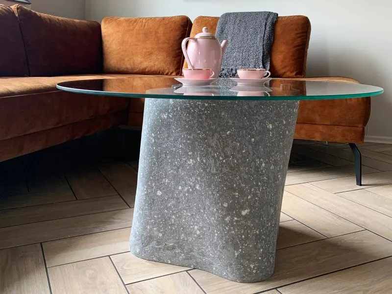 White Plinth low coffee table in a cast-stone look made from recycled paper pulp and cardboard by Donatas Zukauskas