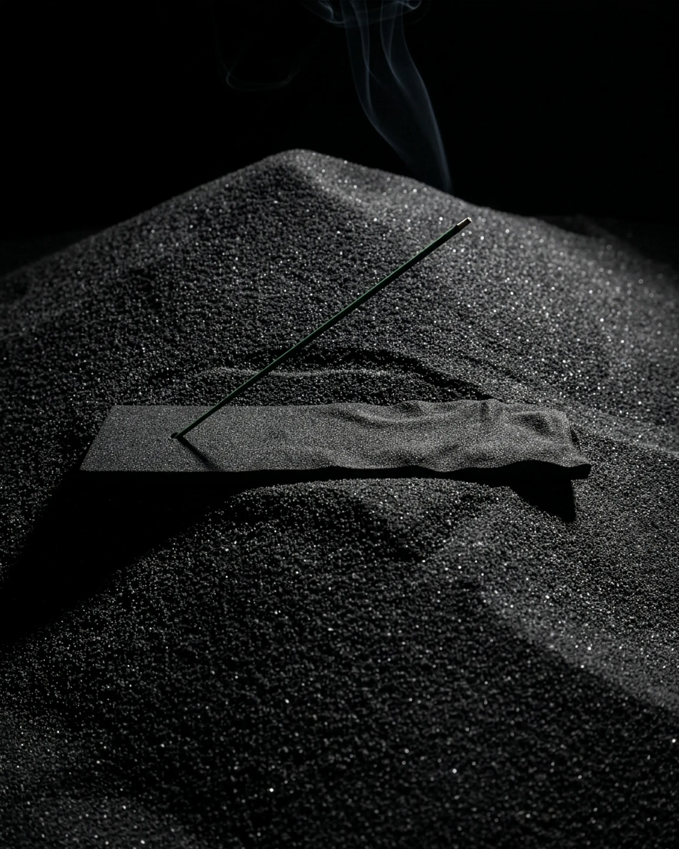 Incense Holder I-45 in black quartz with a rippled surface, resting on dark sand with an incense stick and rising smoke, by julius.works