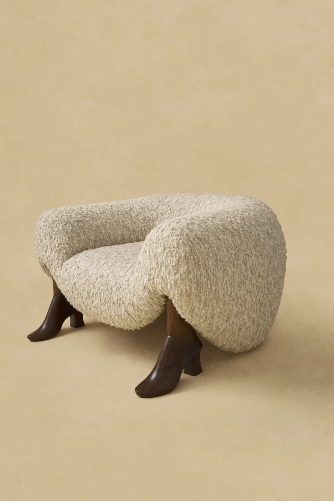 High Heels armchair in oak and fabric, with a curved cabriole-style leg