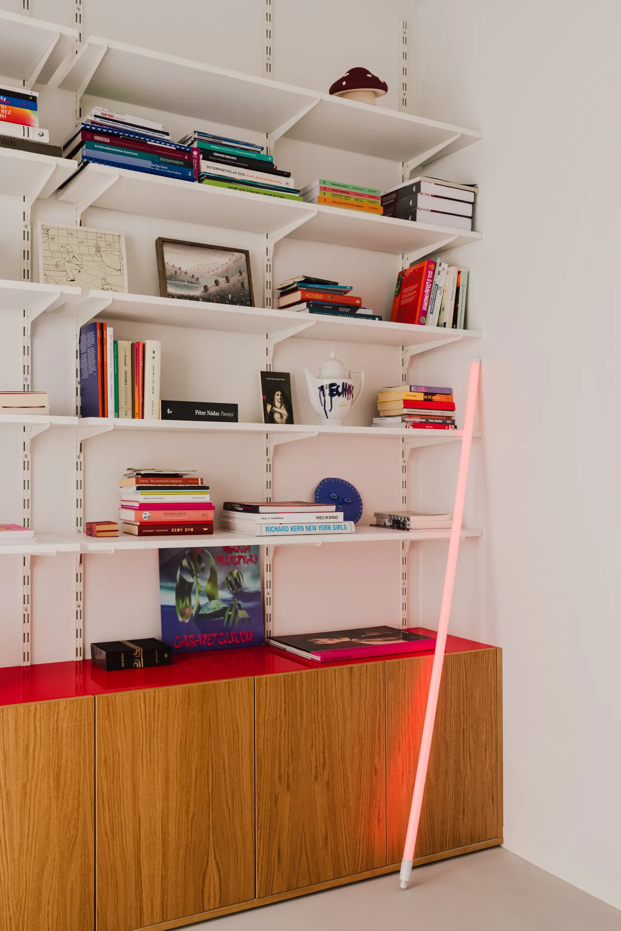 A wooden shelf displaying various books alongside a stylish lamp, creating a cozy reading atmosphere