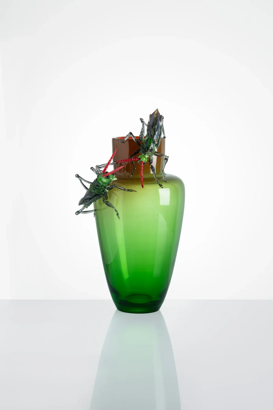 Grasshoppers mouth-blown glass vase with hand-painted hot-glass meadow grasshoppers by Frantisek Jungvirt