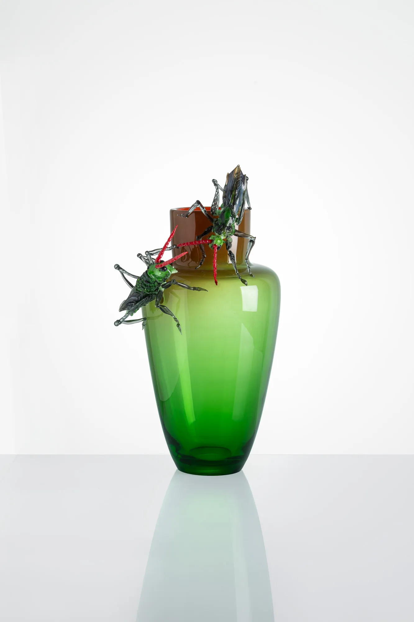 Grasshoppers mouth-blown glass vase with hand-painted hot-glass meadow grasshoppers by Frantisek Jungvirt