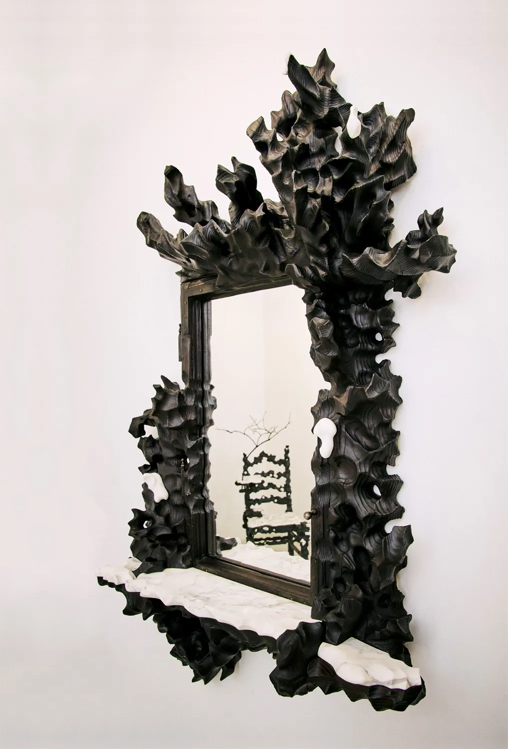 Burning Mirror – Melting Collection | Sculptural Mirror In Burned Wood And White Marble — 2