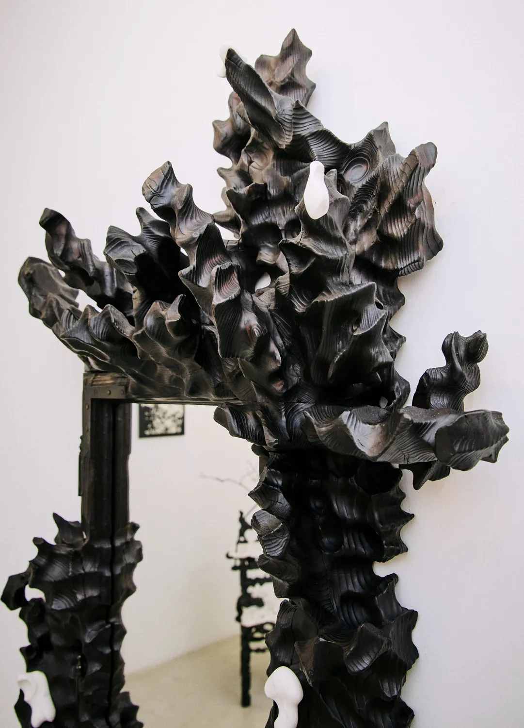 Burning Mirror – Melting Collection | Sculptural Mirror In Burned Wood And White Marble — 3
