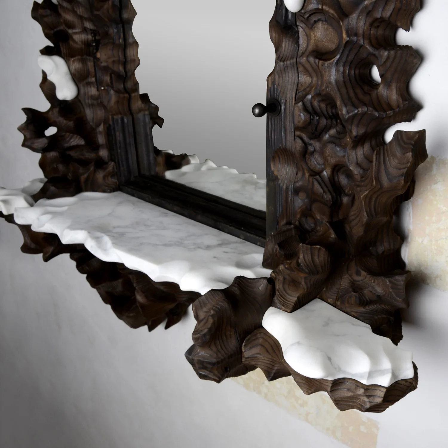 Burning Mirror – Melting Collection | Sculptural Mirror In Burned Wood And White Marble — 4