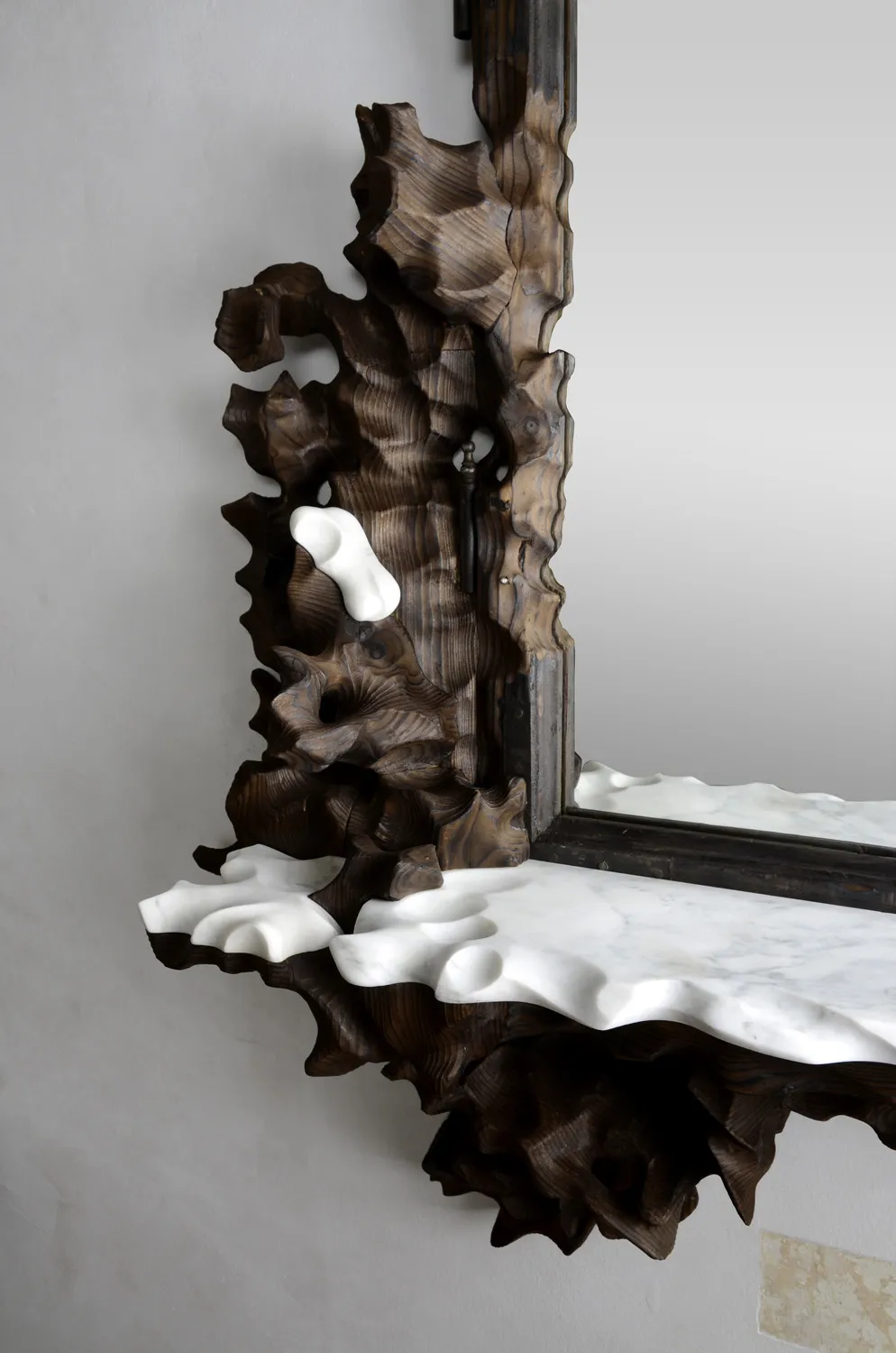 Burning Mirror – Melting Collection | Sculptural Mirror In Burned Wood And White Marble — 5