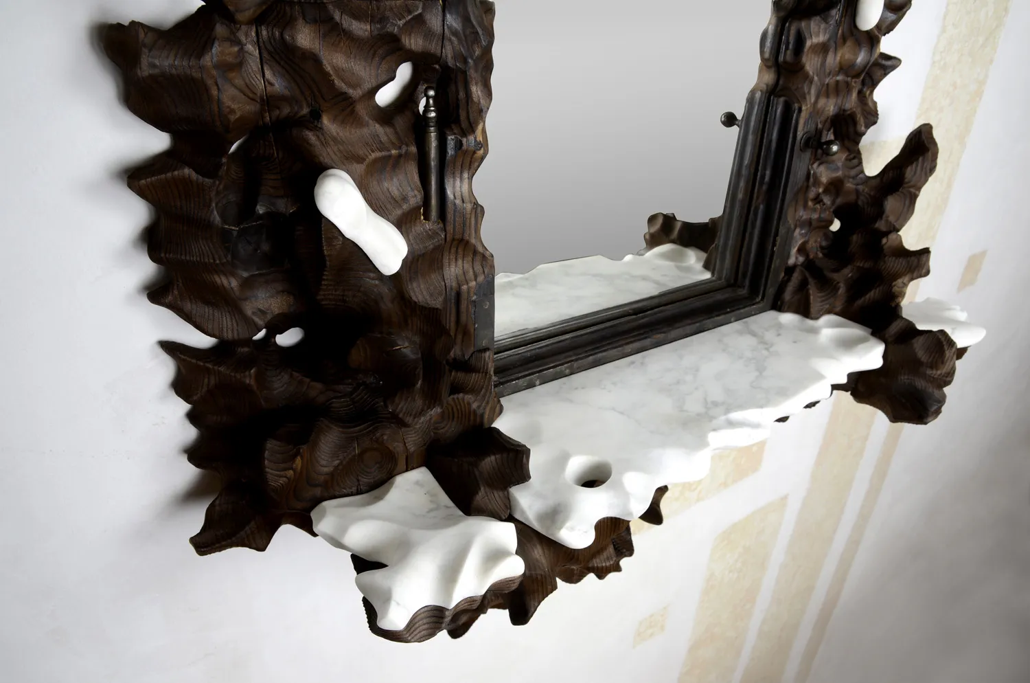 Burning Mirror – Melting Collection | Sculptural Mirror In Burned Wood And White Marble — 6
