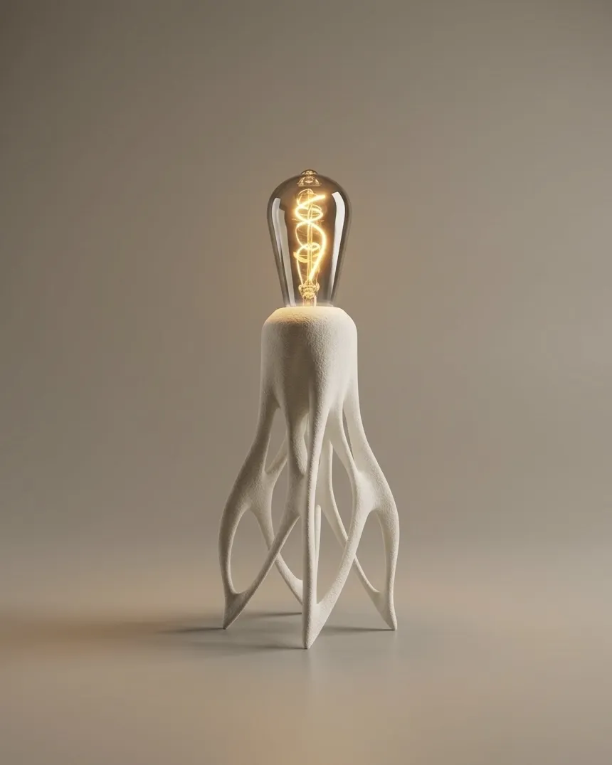 Octopus table lamp in white 3D-printed bio-plastic with a bare filament bulb on top of curling tentacle-like legs, by Cornu Design