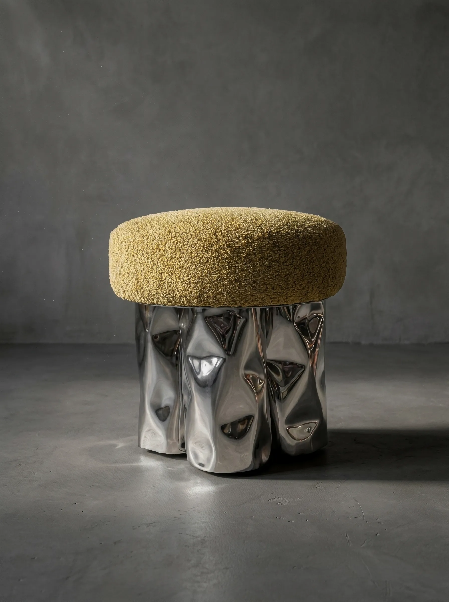 Tronco upholstered pouf on a pressure-formed polished stainless steel base by Nitush and Aroosh