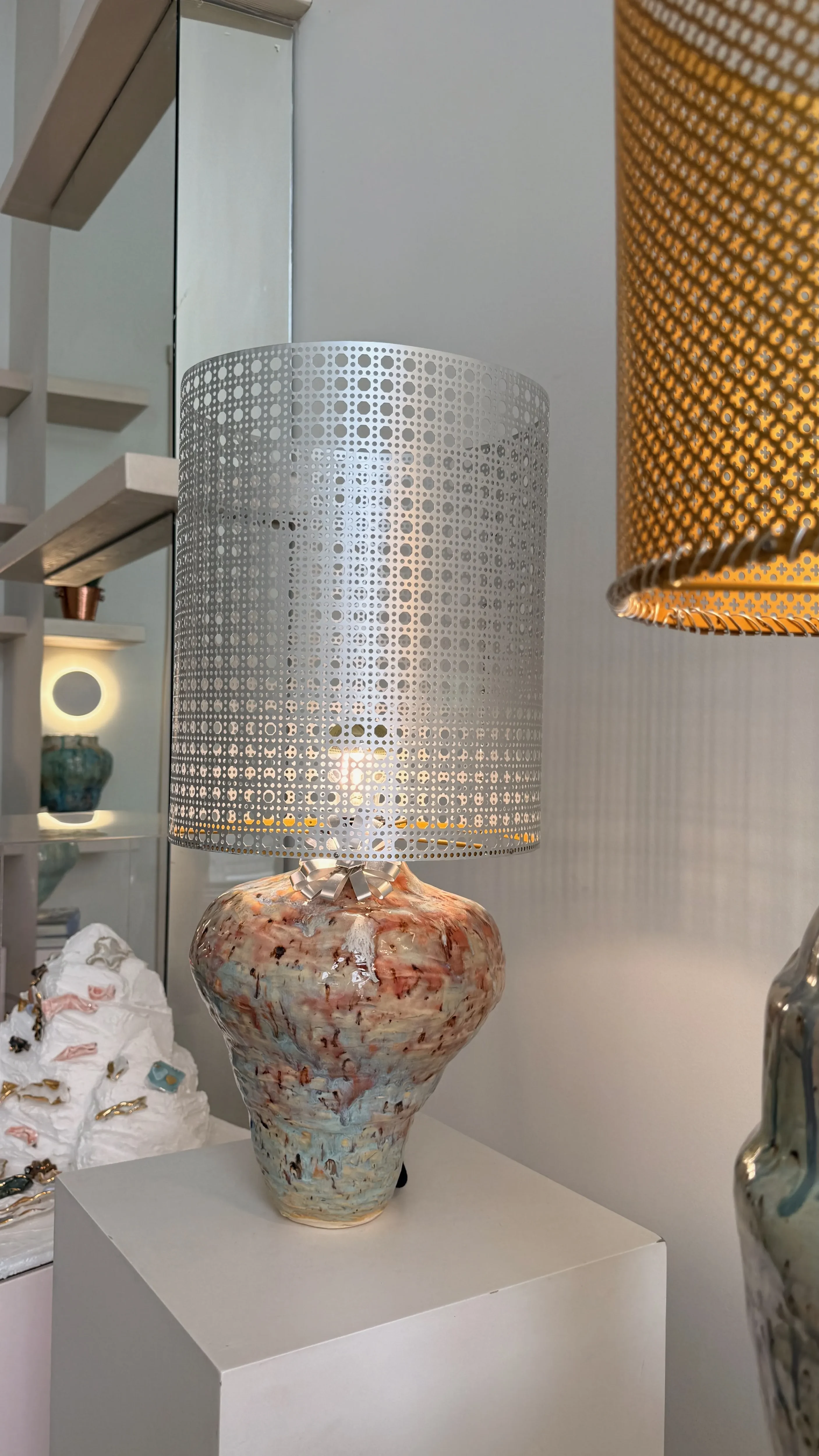 Veil IV Jade stoneware table lamp with a perforated aluminum shade by Hania Jneid