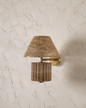 Rio Wall Lamp in beige travertine and brass, front view.