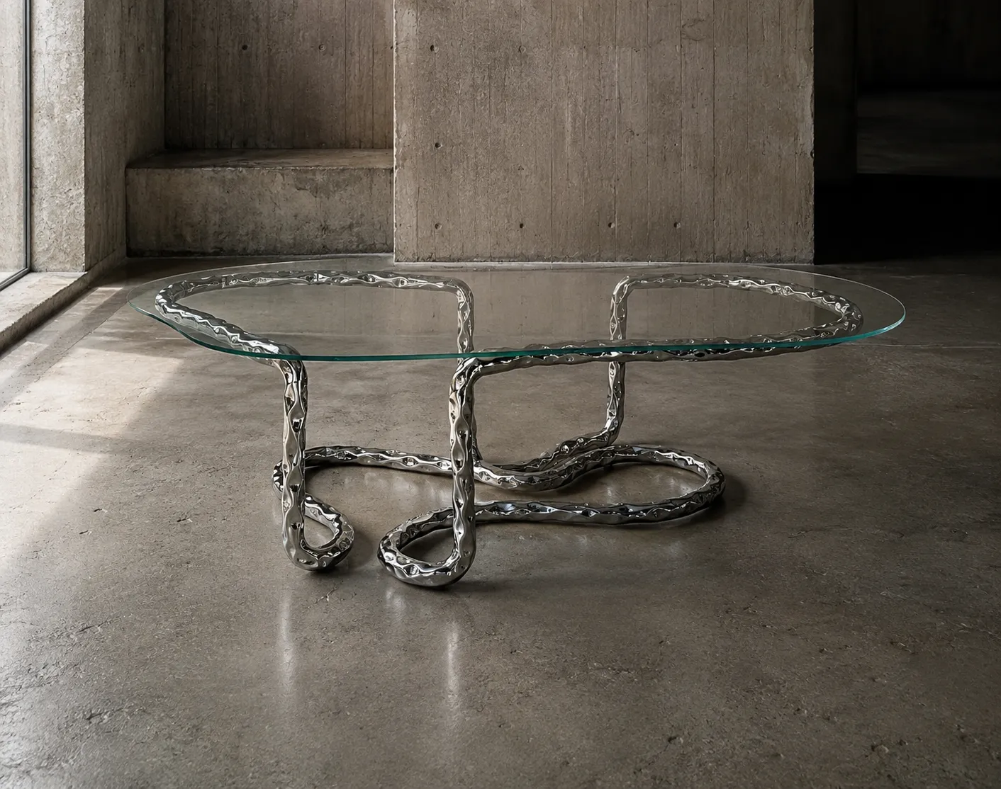 Lasso coffee table with a borosilicate glass top on a looping polished stainless steel base by Nitush and Aroosh