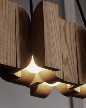 Natura Flower Ceiling Lamp in walnut and chestnut wood, suspended, front view.