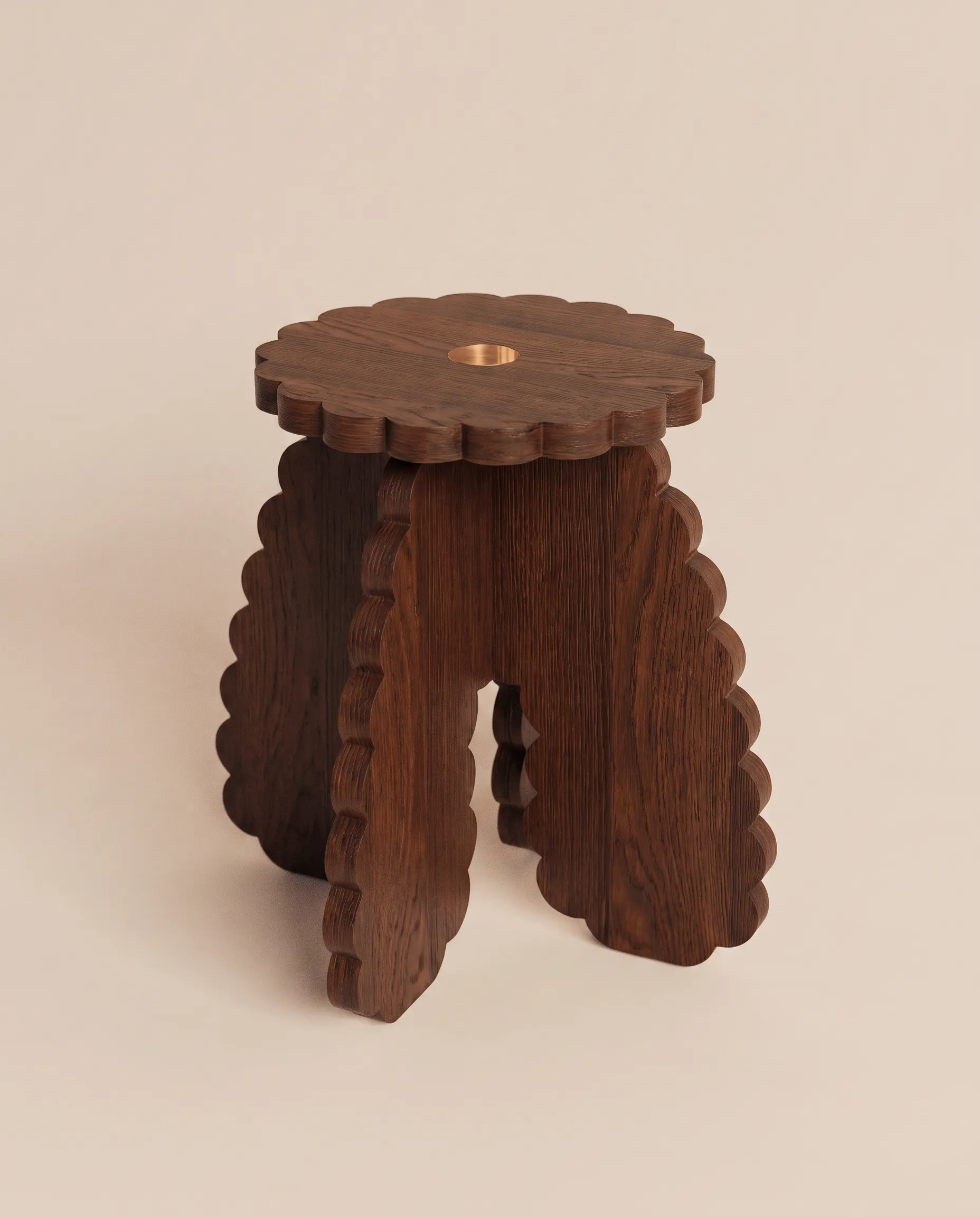 Dahlia solid wood stool and side table with a scalloped flower-like edge by Luis Gimeno Design