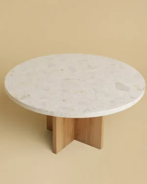Round Marble And Oak Coffee Table - Tinian Series In Calacatta Viola