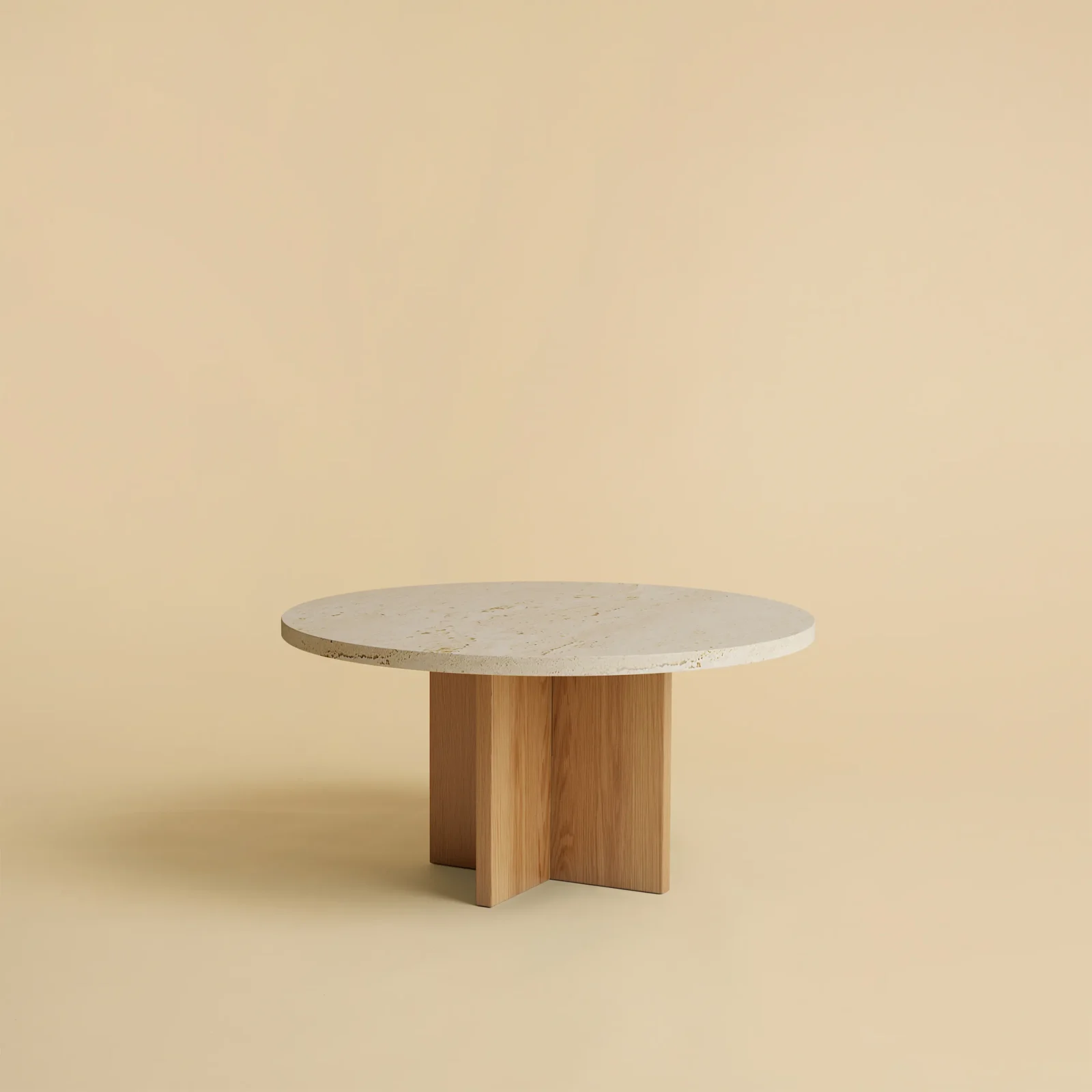 Round Travertine And Oak Coffee Table - Tinian Series — 2