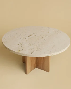 Round Travertine And Oak Coffee Table - Tinian Series