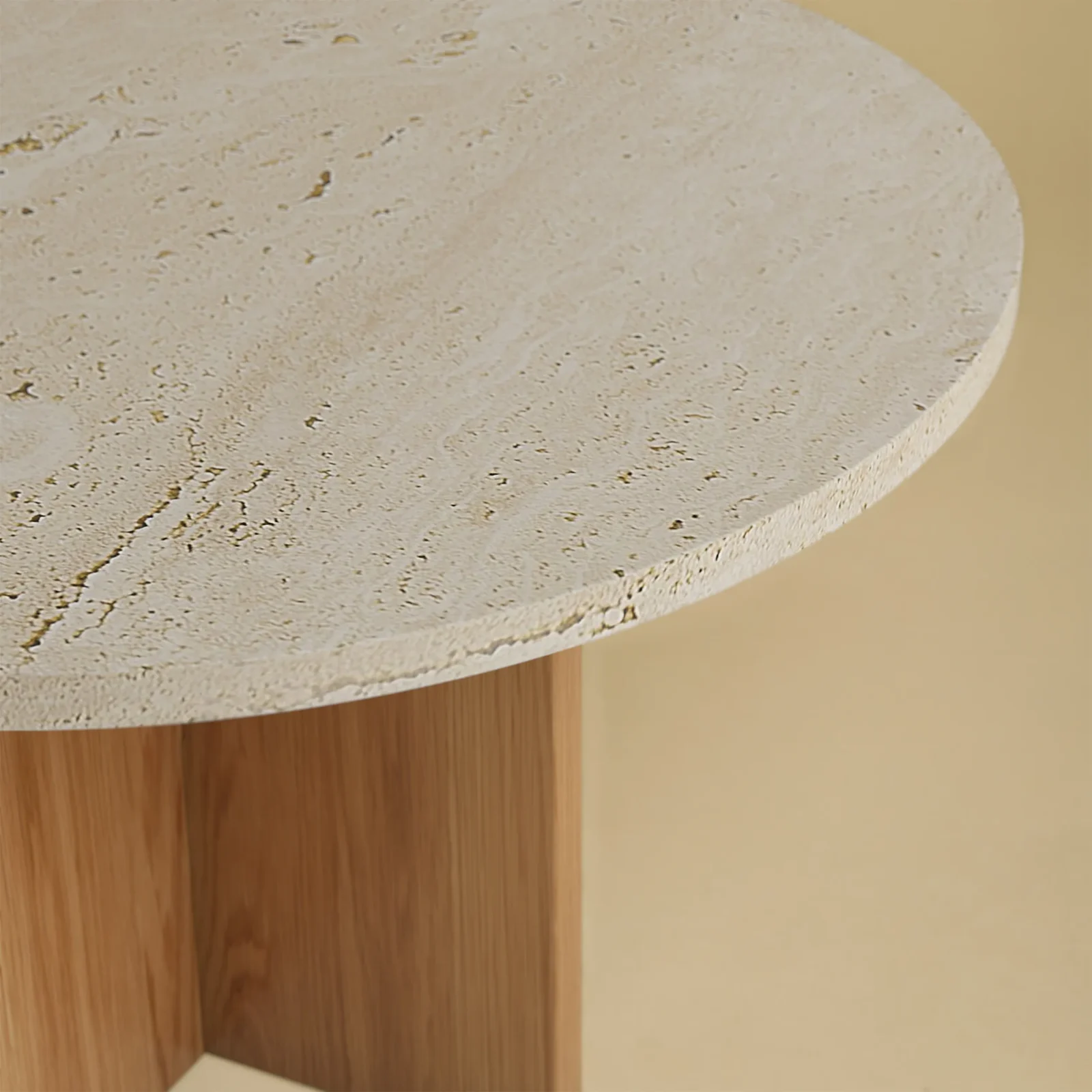 Round Travertine And Oak Coffee Table - Tinian Series — 3