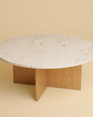 Round Travertine And Oak Coffee Table - Hirado Series