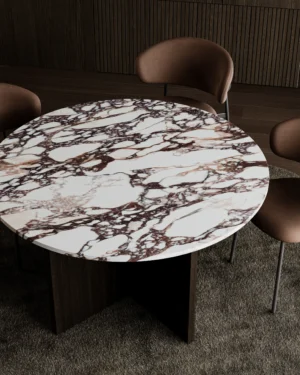 Round Marble And Oak Dining Table - Hakata Series In Calacatta Viola