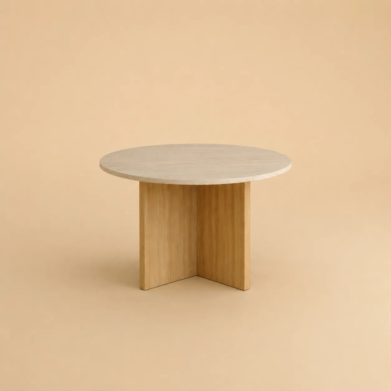 Round Stone And Wood Dining Table - Hakata Series In Travertine And Oak — 3