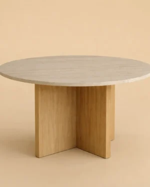 Round Stone And Wood Dining Table - Hakata Series In Travertine And Oak