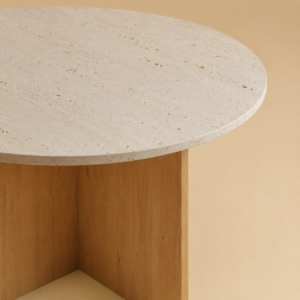 Round Stone And Wood Dining Table - Hakata Series In Travertine And Oak — 2
