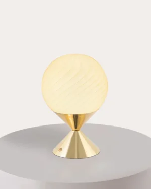 Sorbet Table Lamp in trumpet gold brass and blown glass on a plinth, front view.