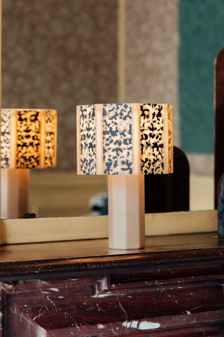 Brigitte Table Lamp in tortoiseshell-pattern Bio Plastic, front view.