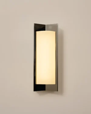 Arrow S Wall Sconce in polished steel, mirror finish, front view.
