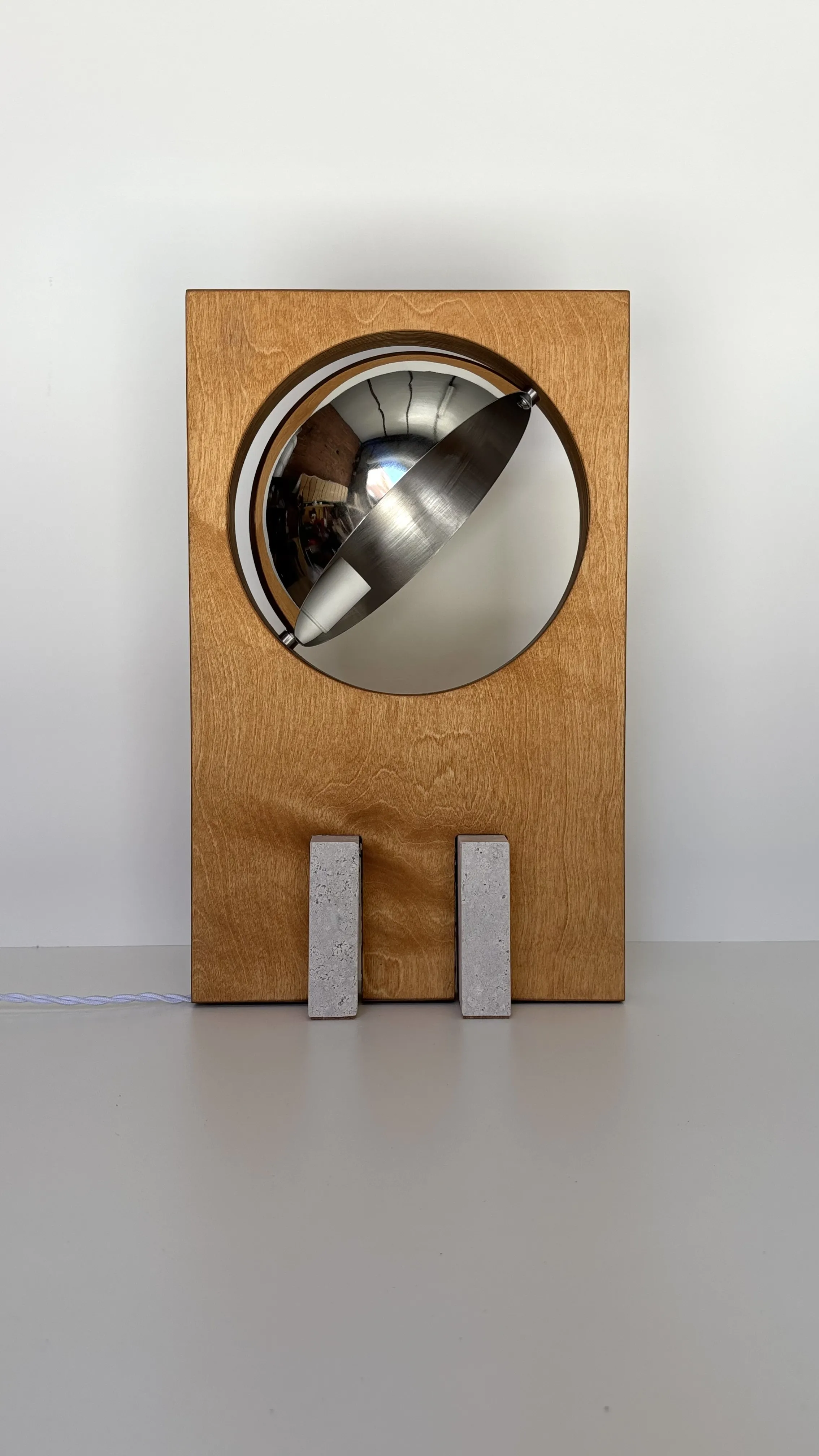 Galileo 2.2 table lamp in plywood with a marble planet by Edoardo Lietti Studio
