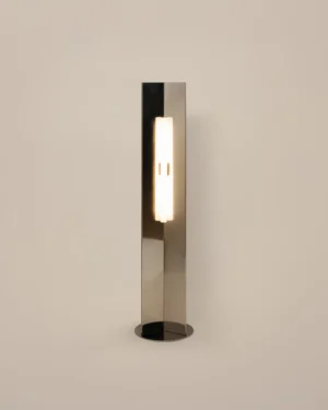 Arrow 120 Floor Lamp in polished steel, mirror finish, front view.