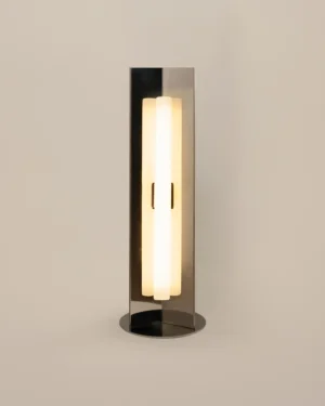 Arrow Table Lamp in polished steel, mirror finish, front view.