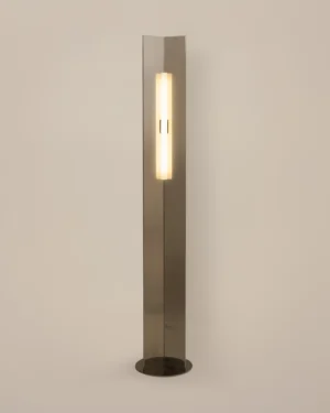 Arrow 158 Floor Lamp in polished steel, mirror finish, front view.