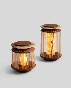 Ebtún Floor Lamp in Tzalam wood and onyx, standing on the floor.