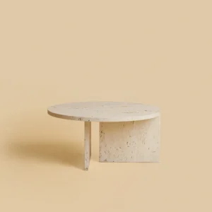 Round marble coffee table in Calacatta Viola with an interlocking stone base, Hashi Series by Lebanto