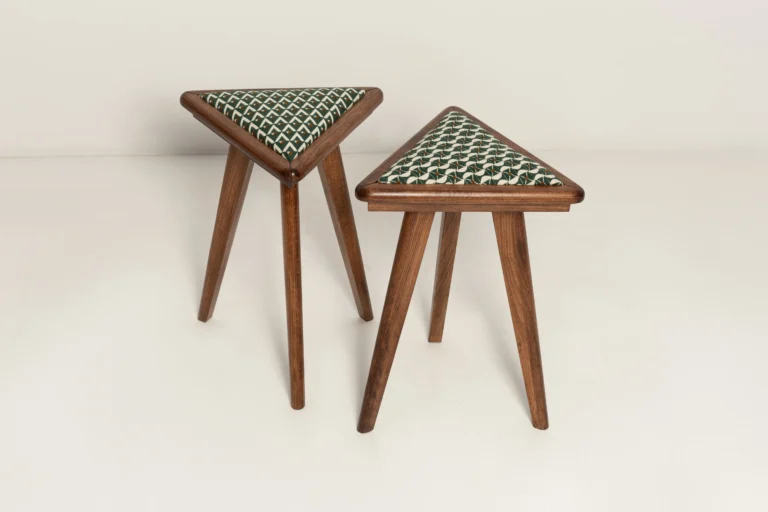 Mid Century Triangle Stool, Green And White Art Deco Jacquard — 5