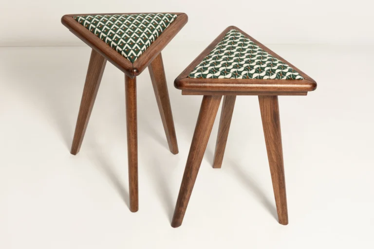 Mid Century Triangle Stool, Green And White Art Deco Jacquard — 6