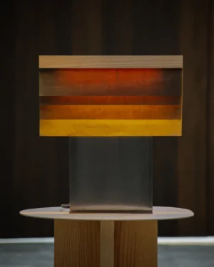 Cenit Table Lamp in ash wood and Celium, front view.