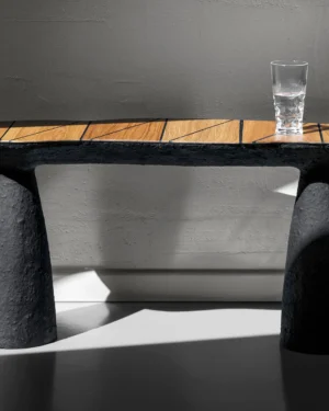 Solid Black Stone & Oak Sculptural Bench – Toki Series